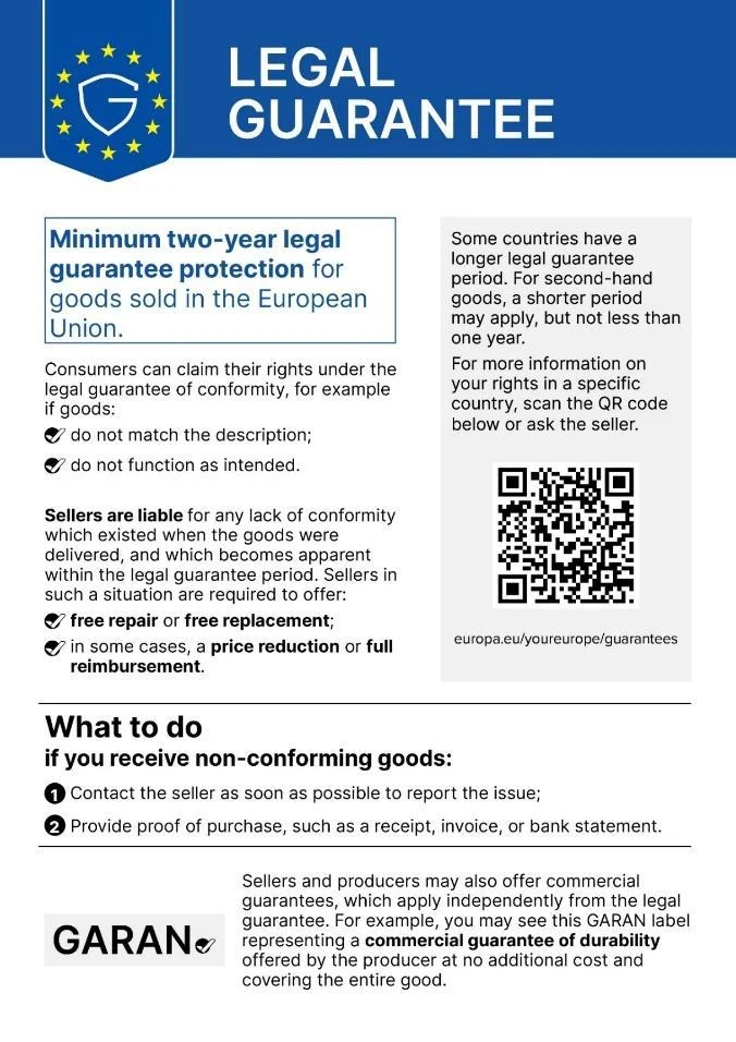 Zum Vergrößern klicken Harmonisierte EU-Mitteilung zur gesetzlichen Gewährleistung mit EU-Schild, Mindestgewährleistung von zwei Jahren und QR-Code