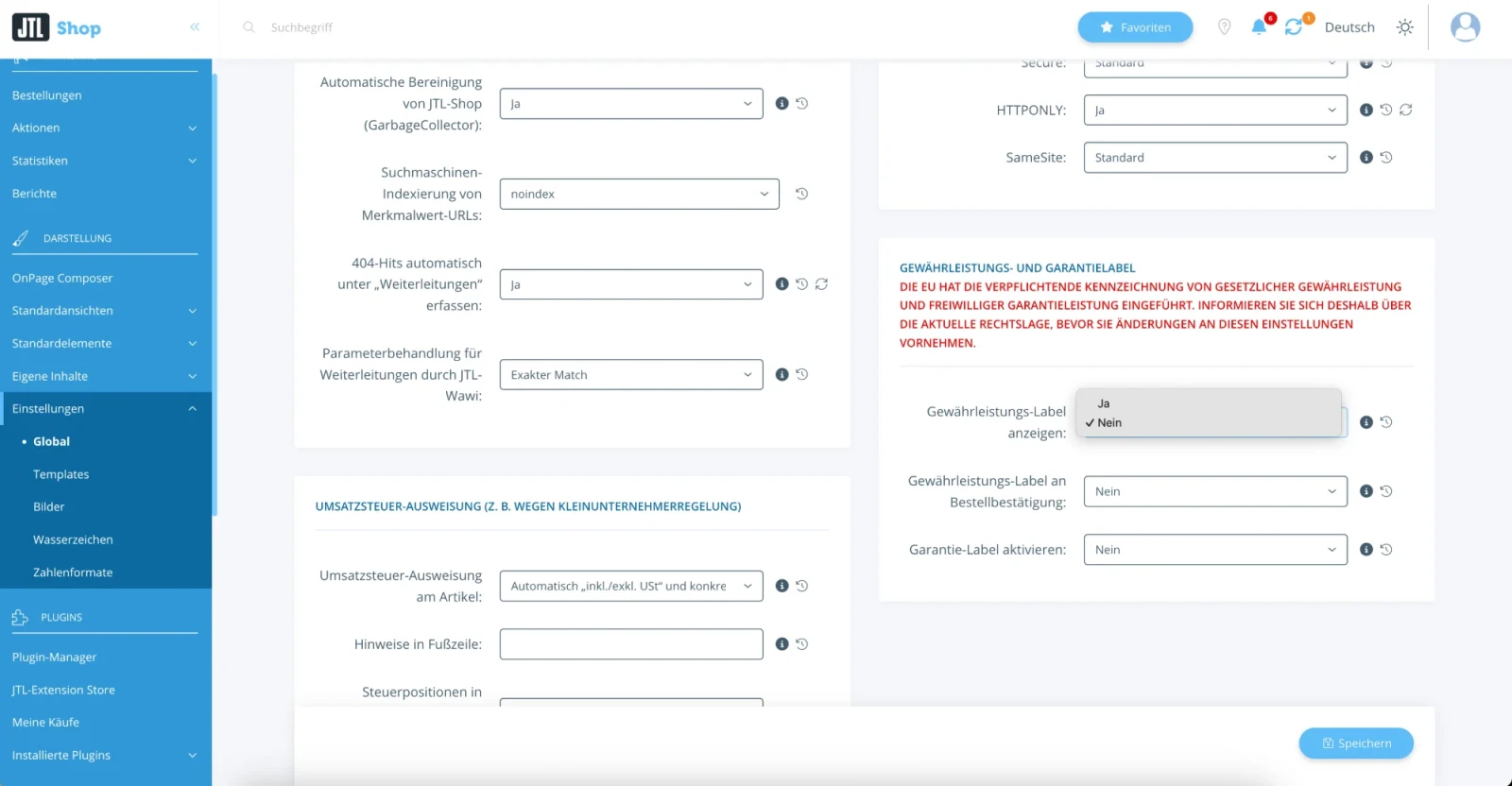 Zum Vergrößern klicken JTL-Shop-Backend unter Einstellungen, Global: Bereich Gewährleistungs- und Garantielabel mit den Schaltern Gewährleistungs-Label anzeigen, Gewährleistungs-Label an Bestellbestätigung und Garantie-Label aktivieren