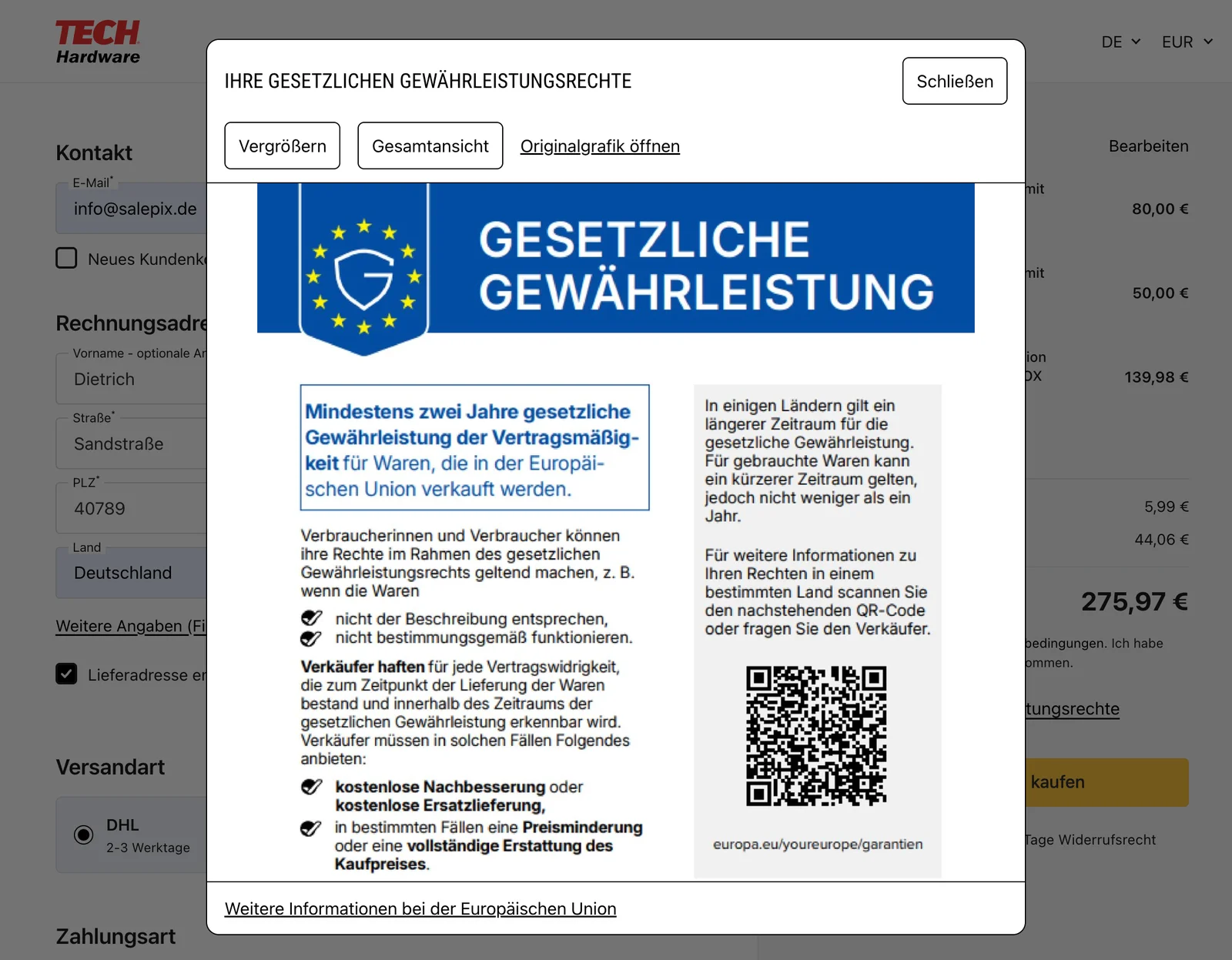 Zum Vergrößern klicken SALEPIX One-Page-Checkout: geöffneter Dialog mit der vollständigen Mitteilung „Gesetzliche Gewährleistung“ und den Schaltflächen Vergrößern, Gesamtansicht und Originalgrafik öffnen