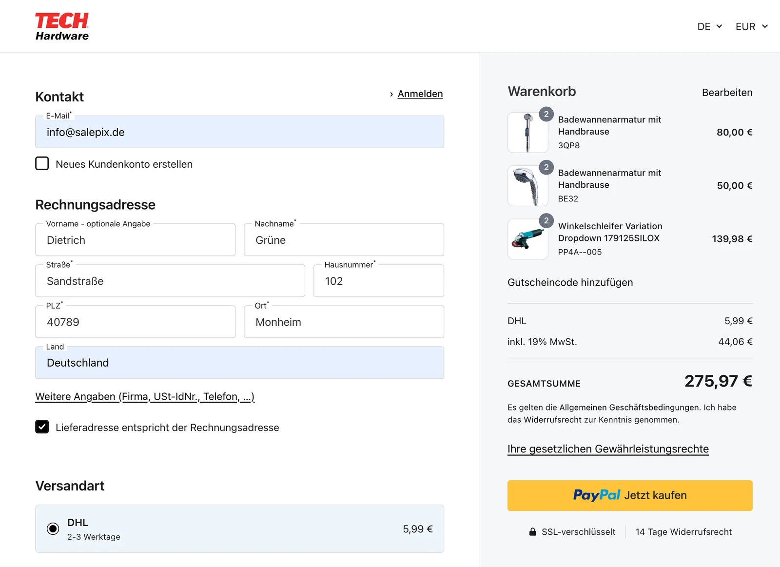 Zum Vergrößern klicken SALEPIX One-Page-Checkout: in der Warenkorb-Spalte steht über dem PayPal-Button der Link „Ihre gesetzlichen Gewährleistungsrechte“