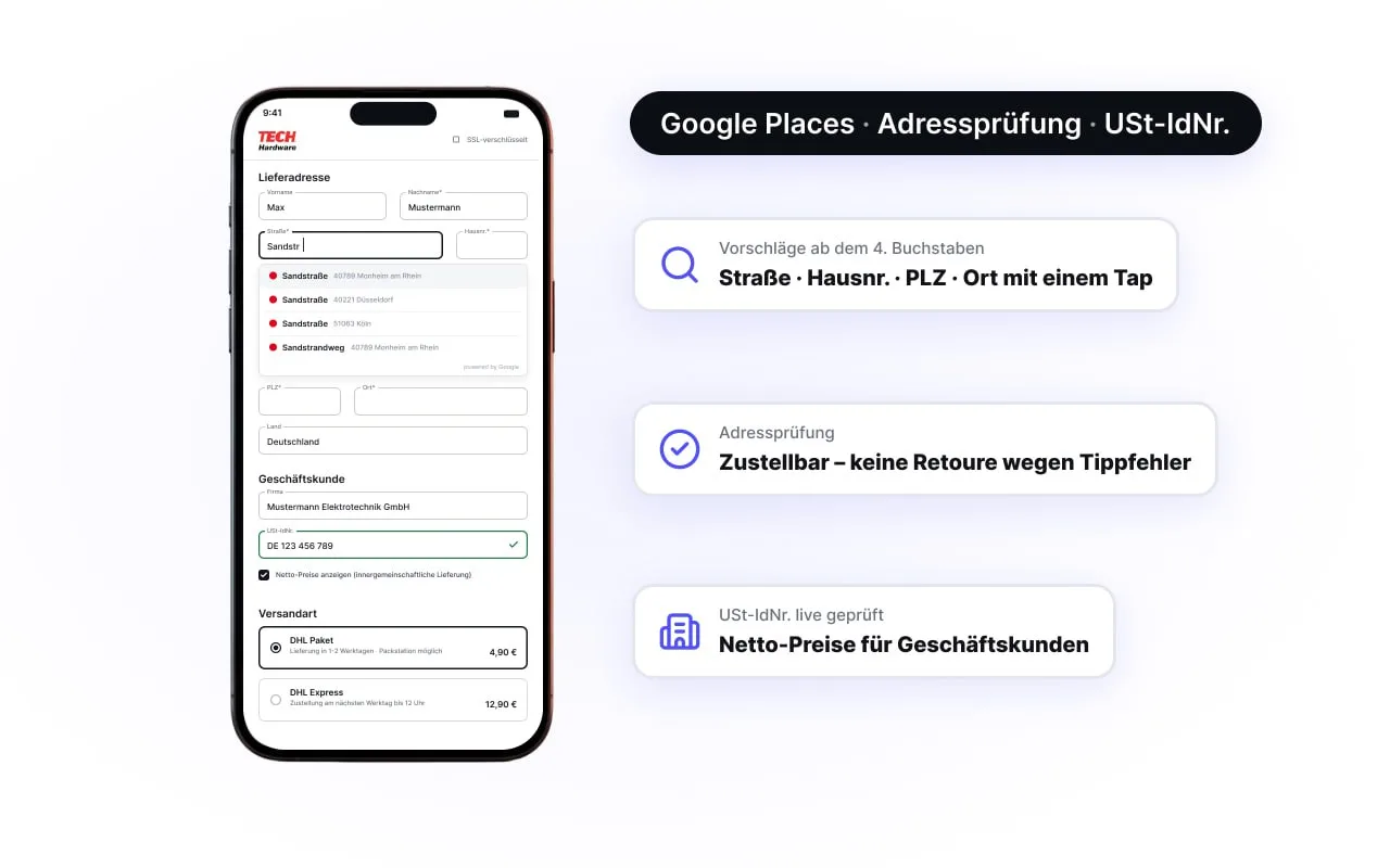 Google-Adress-Vervollständigung im Checkout füllt Straße, Hausnummer, PLZ und Ort aus