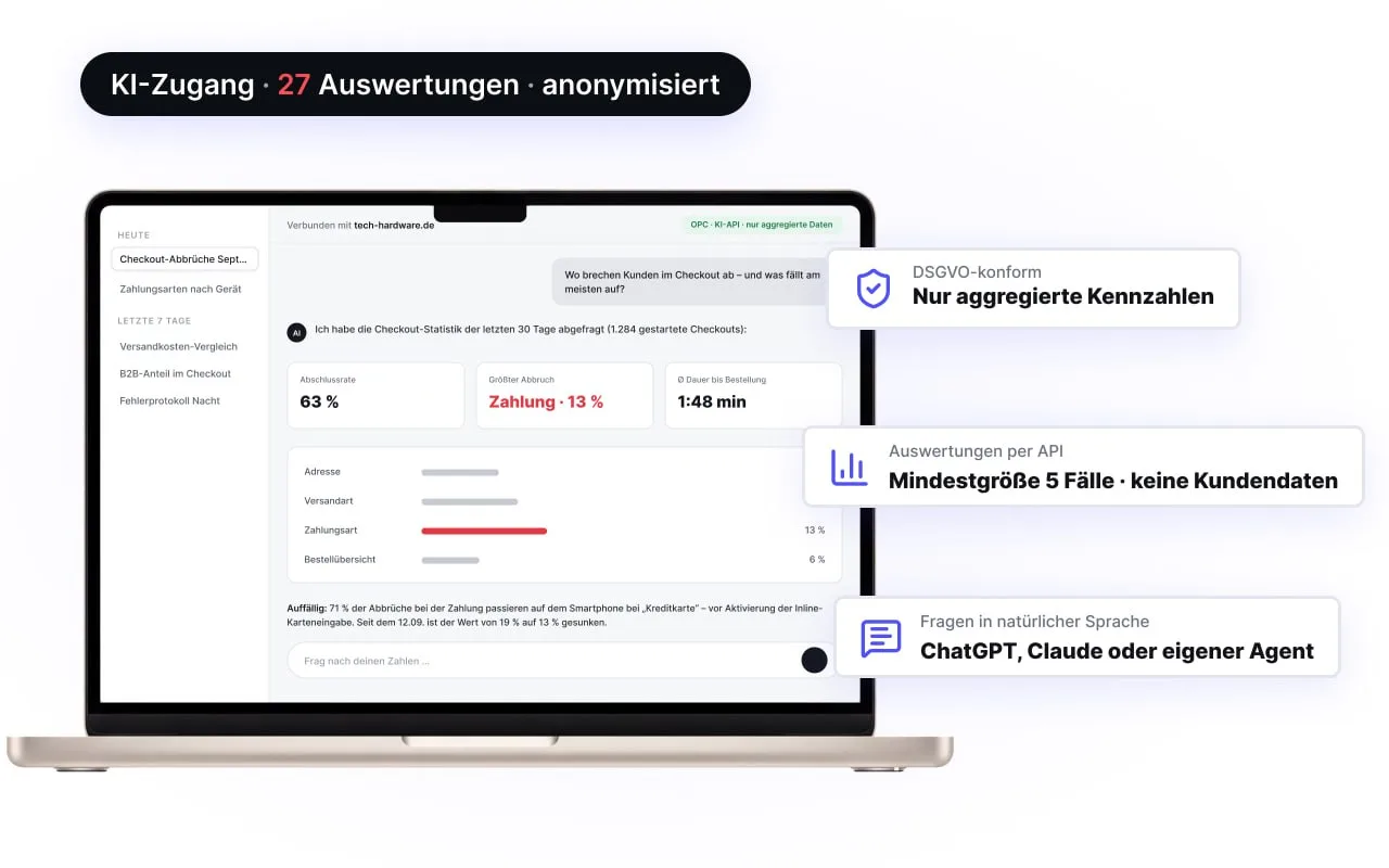 KI-Zugang des One-Page-Checkouts: ChatGPT oder Claude werten anonymisierte Shop-Kennzahlen aus