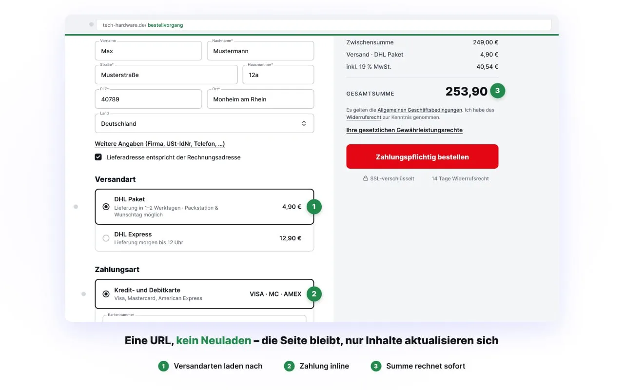 SALEPIX One-Page-Checkout: Adresse, Versand, Zahlung und Bestellübersicht auf einer Seite, am Laptop und Smartphone