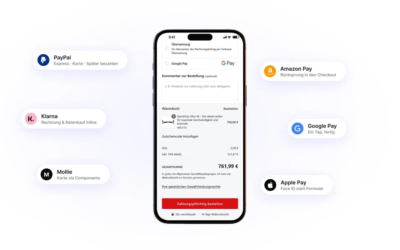 Zahlungsarten im One-Page-Checkout: PayPal, Kreditkarte mit 3-D-Secure, Klarna und Mollie direkt eingebettet