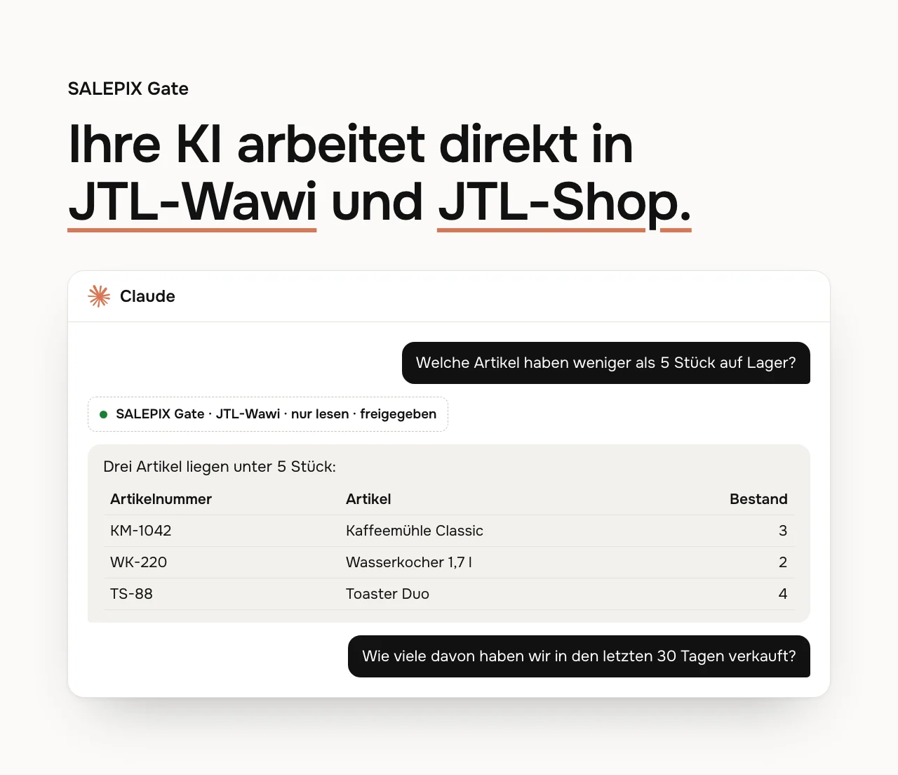 SALEPIX Gate: Sagen, was Sie wollen. Die KI erledigt es in JTL-Wawi und JTL-Shop