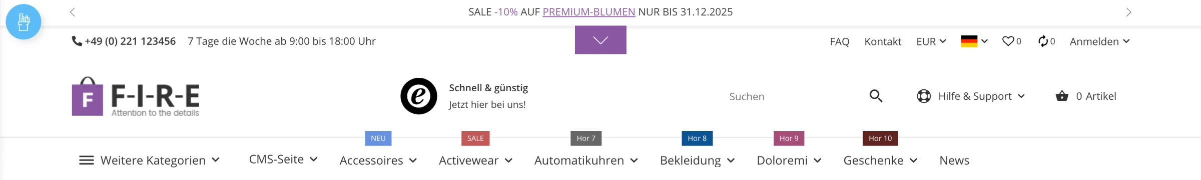 Zum Vergrößern klicken Header-Variante 'AVIA' bei aktiviertem 'FIRE'-Template