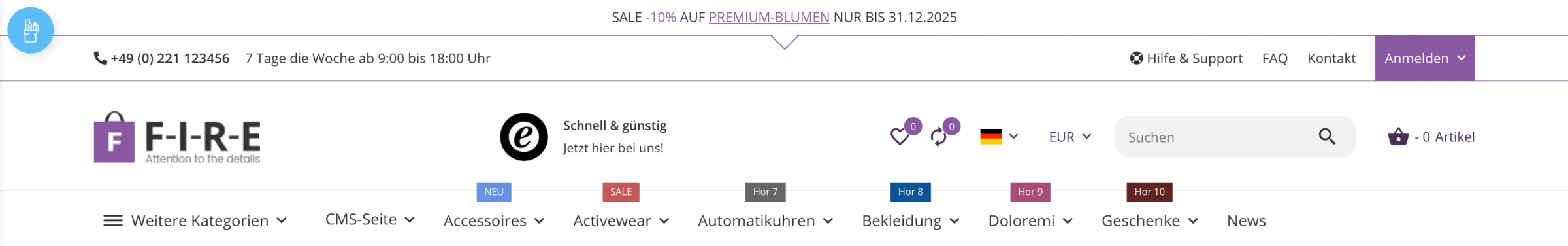 Zum Vergrößern klicken Header-Variante 'CLEARIX' bei aktiviertem 'FIRE'-Template