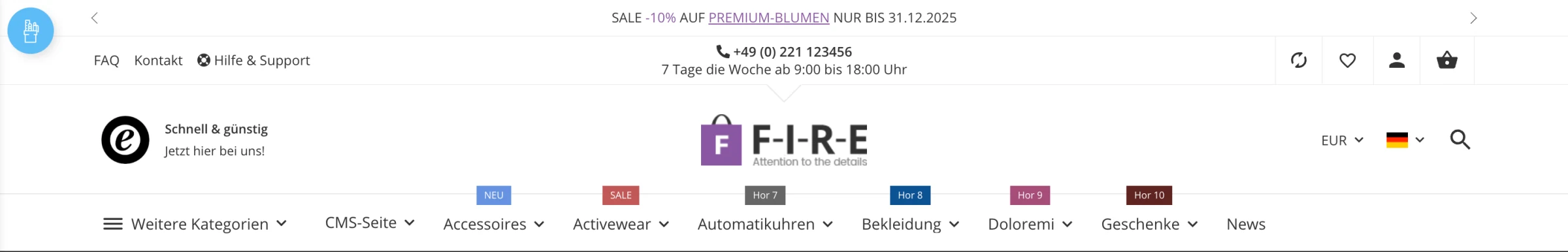 Zum Vergrößern klicken Header-Variante 'Logo-Center' bei aktiviertem 'FIRE'-Template